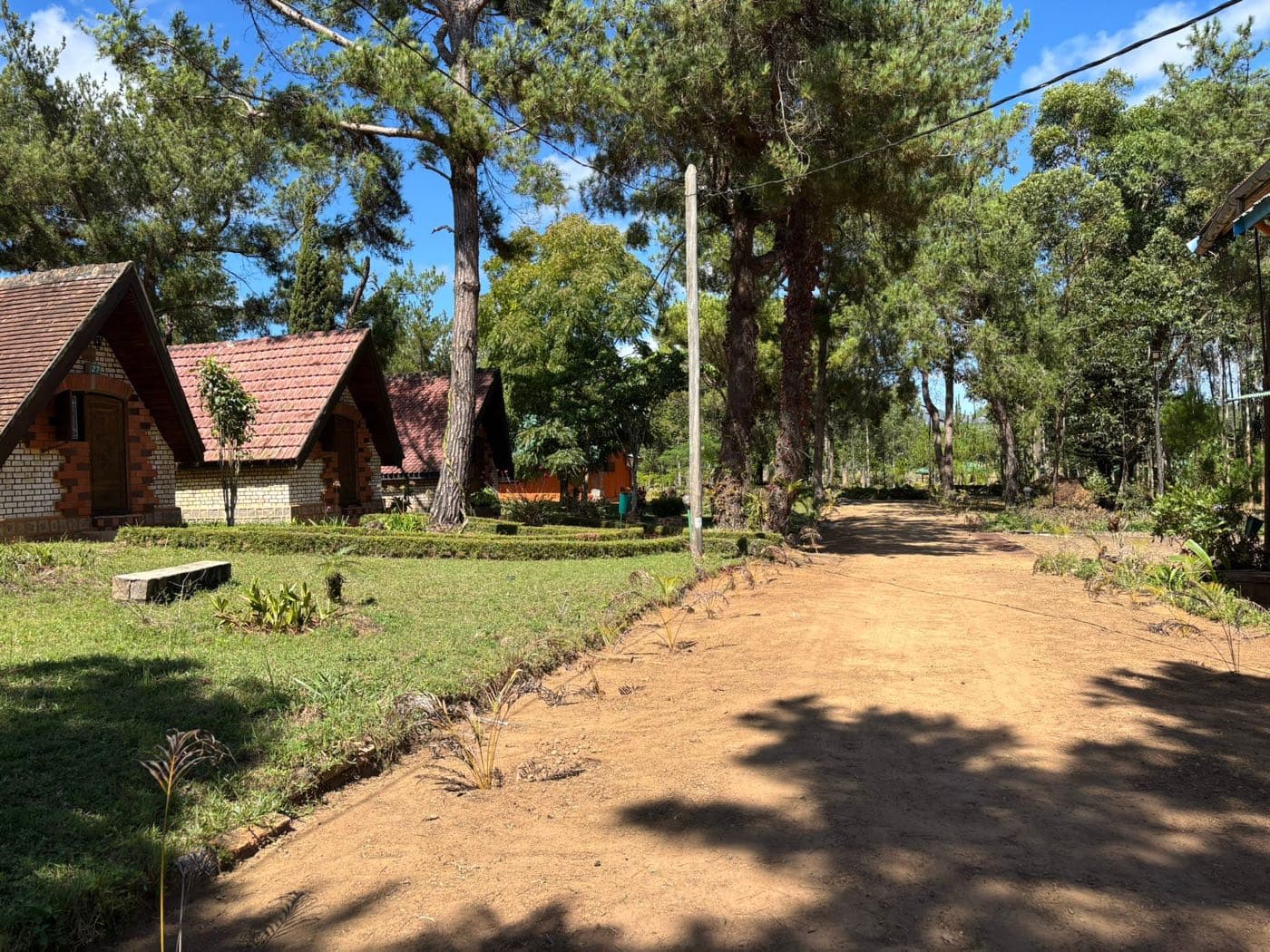 Chalets en brique du Repos alignés le long du sentier de sable, sous les pins