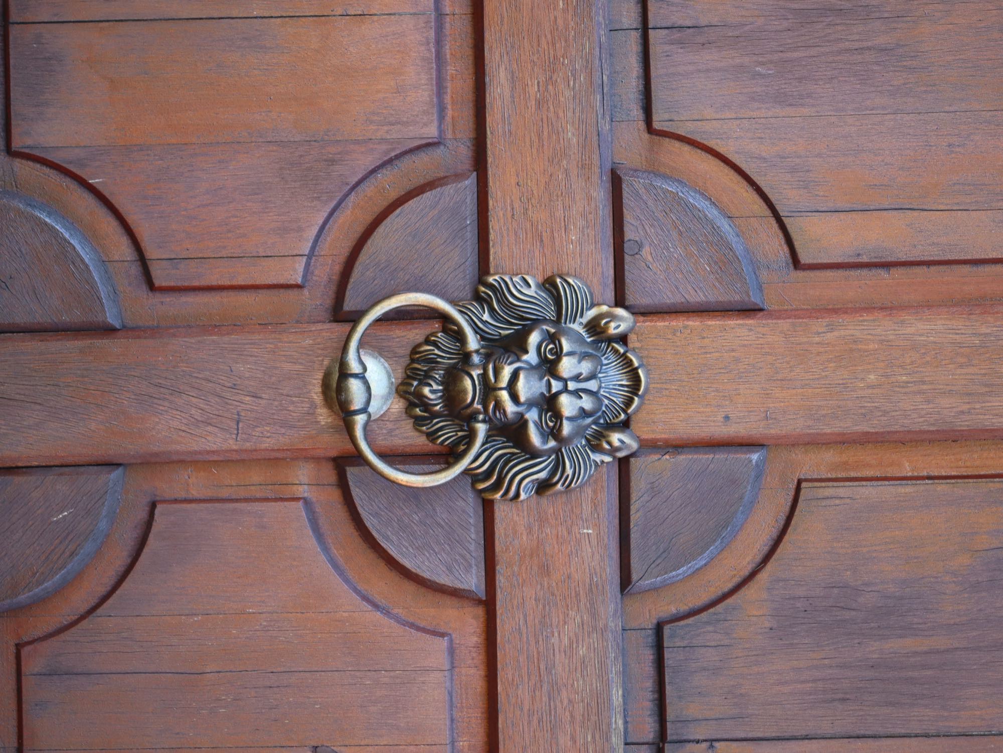 Porte en bois sculpté à heurtoir de lion, artisanat malgache